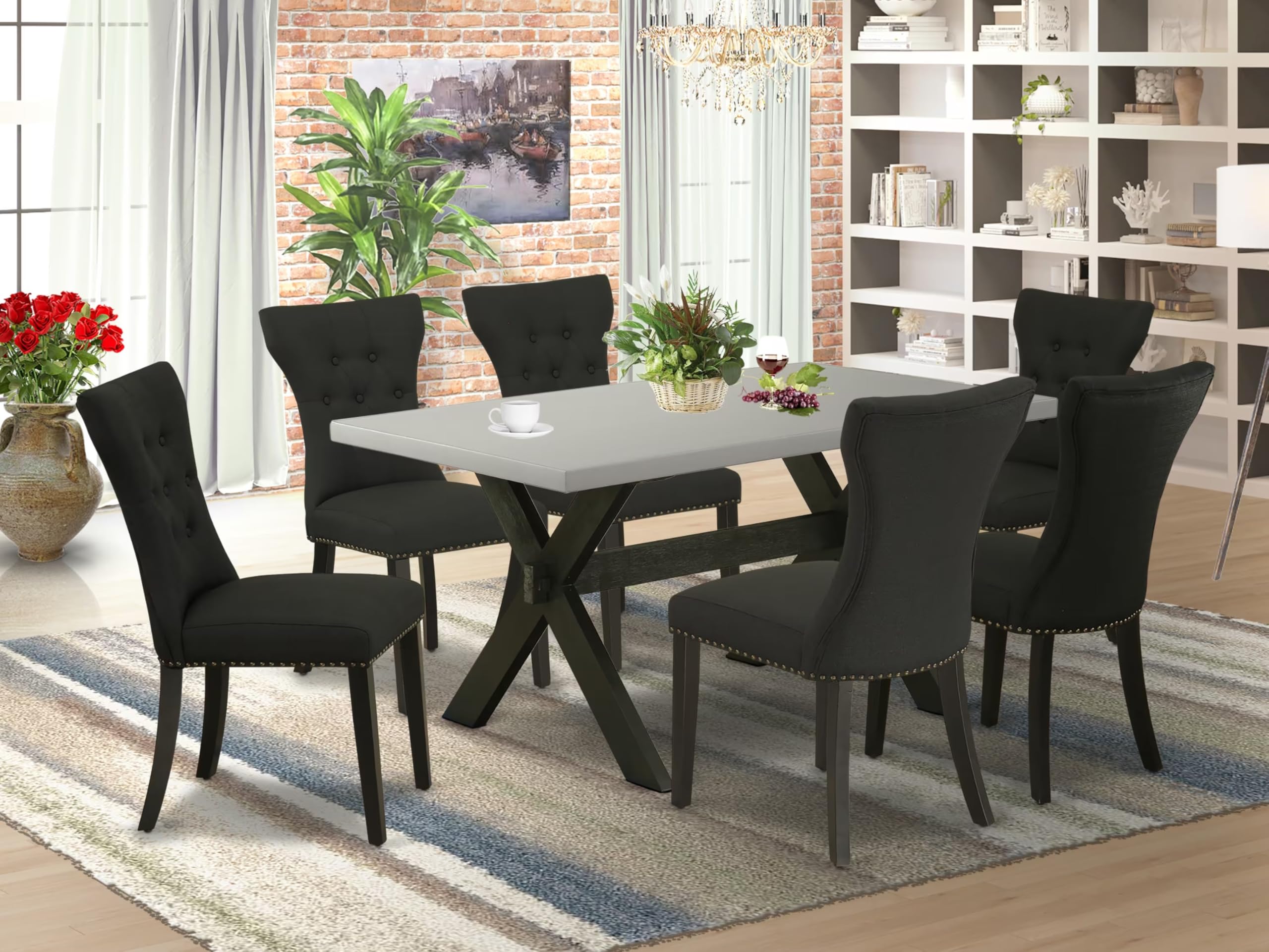 East West Furniture X696Ga124-7 7 Piece Kitchen Table Set Consist Of A Rectangle Dining Table With X-Legs And 6 Black Linen Fabric Parson Dining Room Chairs, 36X60 Inch, Multi-Color